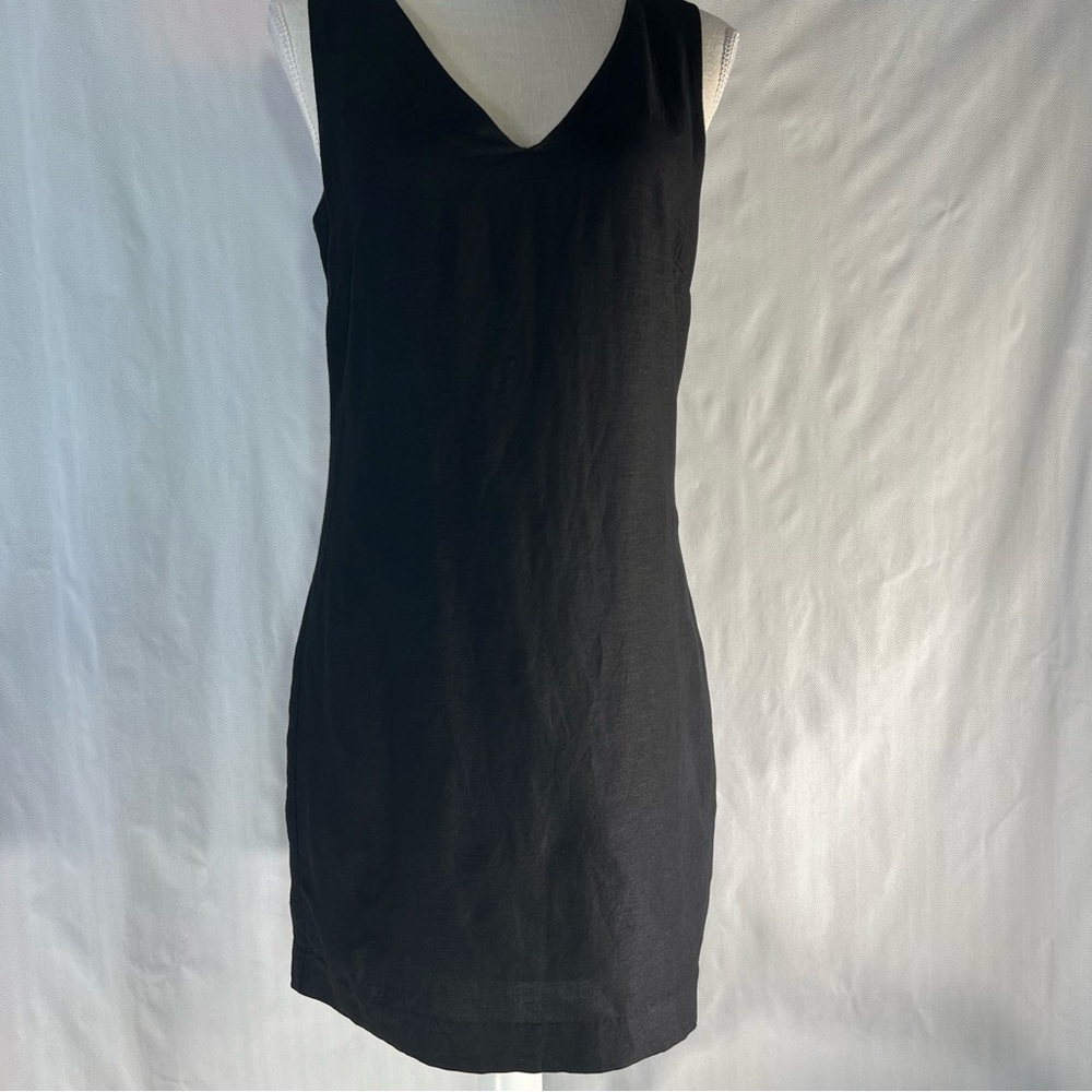 Banana Republic Factory Black Linen Blend Sheath Dress V Cut Out Back Lined 4 👍